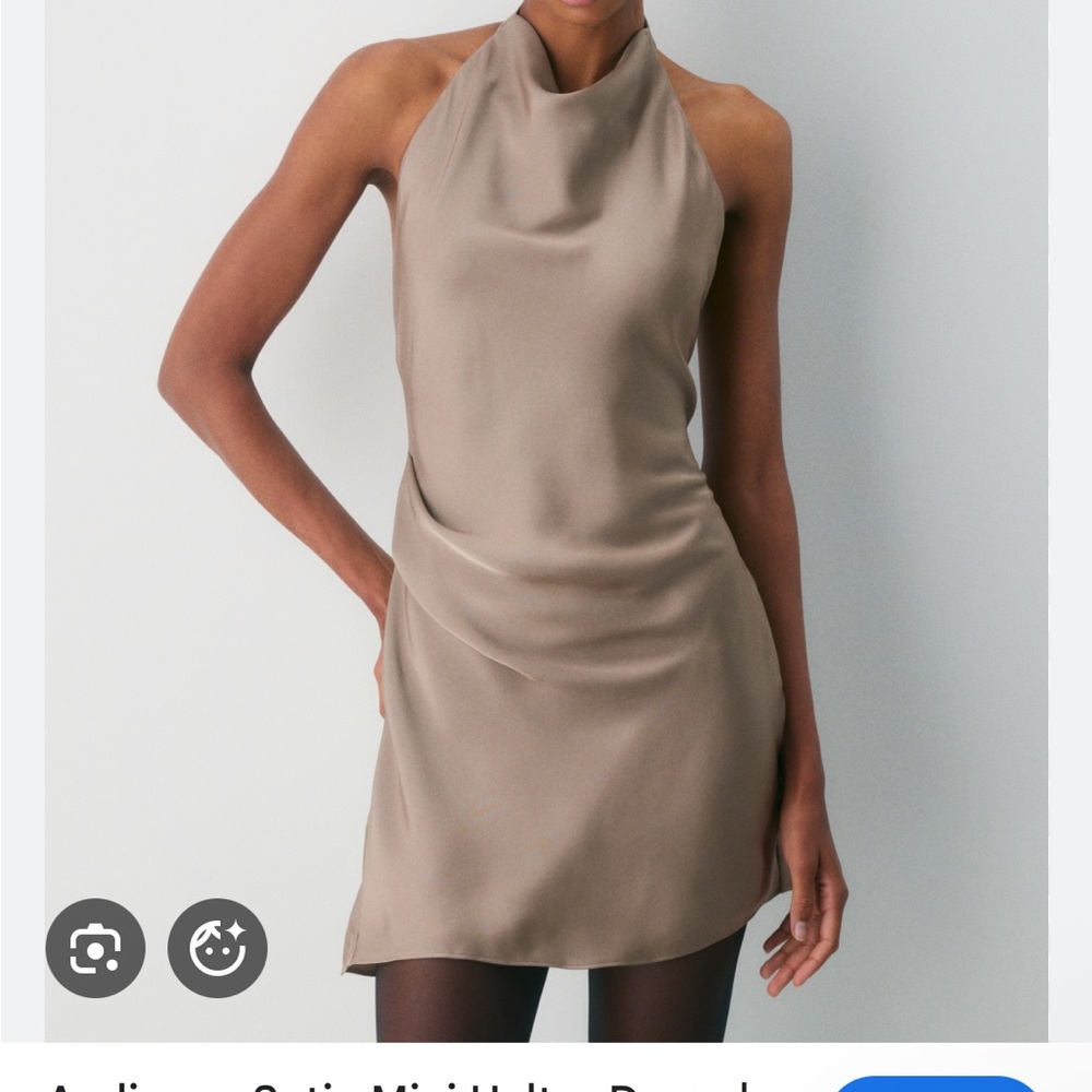 Aritzia Backless Halter Satin Mini Dress in Taupe